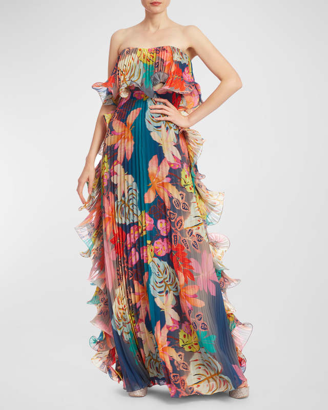 Pleated Strapless Floral-Print Ruffle Gown